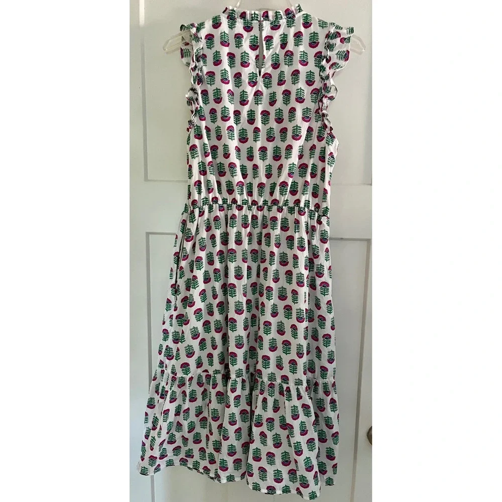 J.Crew Cotton Print Floral Ruffle Midi Dress Pink Green White Size 10
